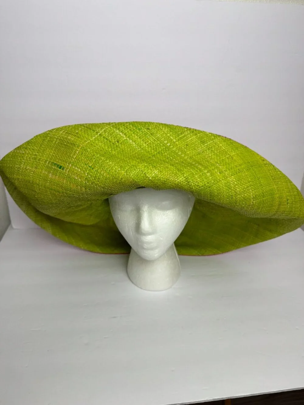 Hand Woven Madagascar Big Brim RAFFIA Sun Hat Pink & Neon Green  Sz XL 23.5" - Picture 5 of 12